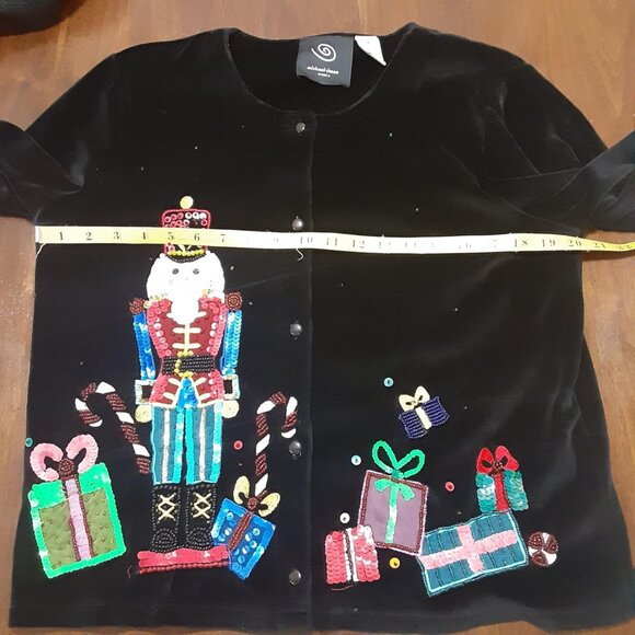 Michael Simon Event Medium Nutcracker Christmas Black Velvet Cardigan Sweater - Picture 14 of 16